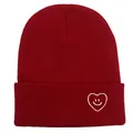 Bonnet d'hiver bordeaux en maille avec smiley coeur brodé pour hommes et femmes - Taille unique / Bordeaux