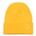 Bonnet d'hiver jaune vif avec broderie cœur sourire et design en maille côtelée - Taille unique / Jaune