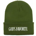 Olivgrüne Strickmütze mit God's Favorite Stickerei und gerippter Textur - 54-60cm / Armeegrün