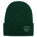 Bonnet en tricot vert foncé avec broderie cœur souriant blanc pour hommes et femmes - Taille unique / Vert Foncé