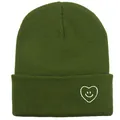 Bonnet en maille vert foncé avec smiley cœur blanc brodé sur le bord plié du chapeau - Taille unique / Vert Militaire