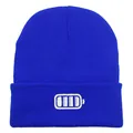 Blue knit beanie with electric battery embroidery, cozy cuffed warm winter skull cap - 54-60cm / Sapphire Blue