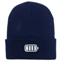 Dark blue knitted beanie with white battery level embroidery on folded brim - 54-60cm / Navy Blue