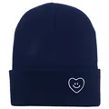 Bonnet en maille bleu marine avec broderie cœur smiley blanc et design à revers - Taille unique / Bleu marine