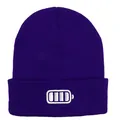 Dark purple rib-knit beanie featuring a white embroidered battery icon on the cuff - 54-60cm / Dark Purple