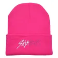 Hot pink knit beanie with SAJA BOYS embroidery and folded brim for winter warmth - Rose Red
