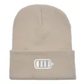 Beige ribbed knit beanie with white battery status embroidery for autumn winter season - 54-60cm / Beige
