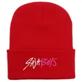 Red knit beanie with SAJABOYS embroidery featuring white and pink lettering details - Red
