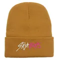 Mustard yellow ribbed knit beanie featuring stylish SAJA BOYS embroidery on fold - Khaki