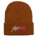 Brown knit beanie featuring Saja Boys embroidery on the folded cuff for winter warmth - Caramel color