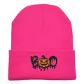 Bonnet en maille rose vif avec broderie citrouille et texte BOO pour Halloween - Citrouille Rose Rouge