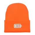 Bright orange cuffed knit beanie featuring a battery icon embroidery in soft acrylic - 54-60cm / Orange