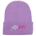 Lavender purple knit beanie with SAJA BOYS embroidery for trendy streetwear style - Light Purple