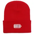 Vibrant red knit beanie with embroidered battery life icon on the fold-up cuff - 54-60cm / Red