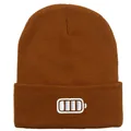 Caramel brown knitted beanie with battery power embroidery detail in fine rib texture - 54-60cm / Caramel color