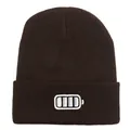 Dark brown knitted beanie with battery icon embroidery and classic cuffed design - 54-60cm / Coffee