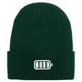 Dark green ribbed knit beanie featuring a white battery embroidered icon on the cuff - 54-60cm / Dark Green