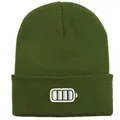 Olive green knit beanie with white battery embroidery detail for winter warmth - 54-60cm / Army Green