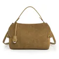 Detail view of khaki suede tote bag showing soft texture and adjustable metal buckle - Frosted Brown