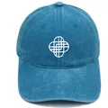 Peacock blue washed cotton baseball cap with white geometric floral embroidery - M (56-58cm) / Geometric Pattern Style / Lake Blue