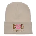 Berretto in maglia beige con ricamo DOG mom marrone e motivo a zampa di cuore rosa - Mamma di Cane / Beige