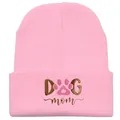 Berretto in maglia rosa con ricamo DOG mom e motivo a zampa sul risvolto - Mamma di Cane / Rosa