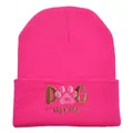 Berretto in maglia rosa acceso con ricamo Dog Mom e impronta di zampa - Mamma di Cane / Rosa Rosso