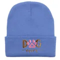 Berretto in maglia blu con scritta DOG mom ricamata e dettaglio zampa rosa - Mamma di Cane / Blu Ciano