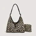 Jacquard canvas draagtas met luipaardprint, zwarte leren riemen en kleine pouch - Luipaardprint