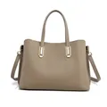 Elephant grey genuine leather tote bag with lychee texture and gold hardware - Elephant Gray