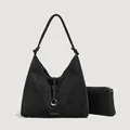 Zwarte minimalistische hobo-tas met metalen ring en bijpassende kleine tas - Zwart