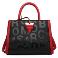Detail of red handles and metal buckle on black embossed leather tote bag - Black