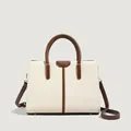 Elegant cream and brown leather tote bag with dual handles and detachable shoulder strap - Off-white
