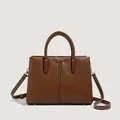 Caramel brown leather tote bag with top handles and adjustable shoulder strap for women - Chocolate Brown