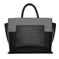 Large black crocodile pattern tote bag with white honeycomb ribbon and top handle - Black