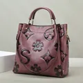 Burgundy embossed tote bag with litchi texture leather and golden metal hardware - Bean Paste Purple