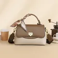 Retro two-tone crossbody bag in coffee and cream with decorative scarf and wide strap - 25*12*17cm / Cream-Brown