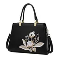 Elegante zwarte leren handtas met bloemenborduursel en gouden metalen details - 28*10*20cm / Zwart