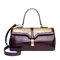 Borsa tote viola scuro effetto coccodrillo con patta floreale dorata e fibbia metallo - Viola