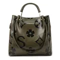 Army green tote bag with black monogram patterns and sturdy cylindrical top handles - Dark Green