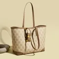 Bolso tote beige con estampado de monograma M, bordes de cuero sintético y patito - Beige