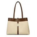 Bolso tote minimalista de lona beige y marrón con cierre giratorio dorado - Beige Y Marrón (Lona)
