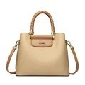 Beige lychee leather tote bag with brown woven handle and gold hardware detail - Apricot