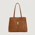 Brown leather tote bag for women featuring a minimalist design with a gold metal buckle - Golden Brown (pu Surface)