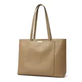 Minimalistische große khakifarbene Ledershopper mit Kieselmaserung und Goldbeschlag - Khaki