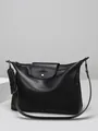 Minimalist black soft leather tote bag with crossbody strap and embossed logo detail - Black