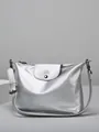 Minimalist silver metallic leather tote bag with crossbody strap and logo flap - Silver
