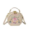 Beige round crossbody bag with traditional floral embroidery and golden metal hardware - Khaki