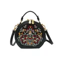Ronde crossbodytas met Chinese bloemenborduurwerk en goudkleurige hardware details - Zwart