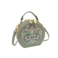 Lichtgroene ronde crossbodytas met elegant bloemenborduursel en goudkleurige hardware - Theegroen
